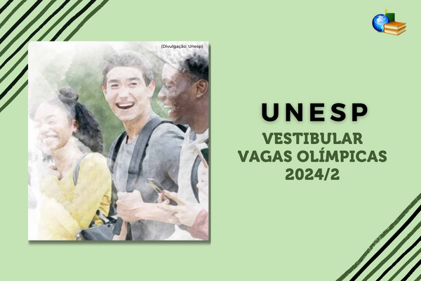 Fundo verde, listras preto e verde escuro, foto com efeito de tinta de estudantes, texto Unesp Vestibular Vagas Olímpicas 2024