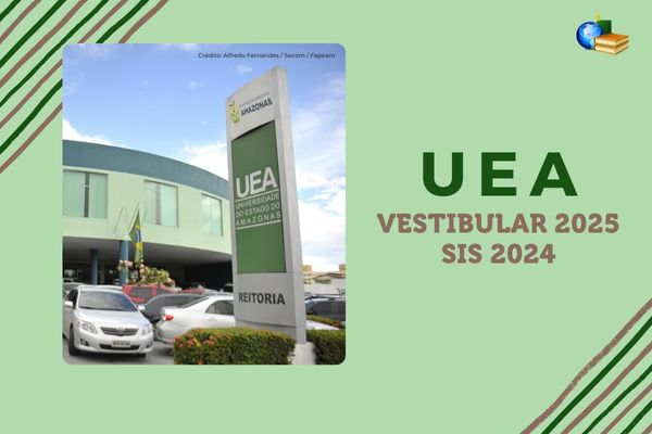 Fundo verde, listras marrom e verde escuro, texto UEA Vestibular 2025 e SIS 2024