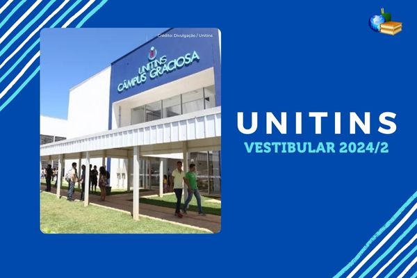 Fundo azul, foto do campus da Unitins, texto Unitins Vestibular 2024/2