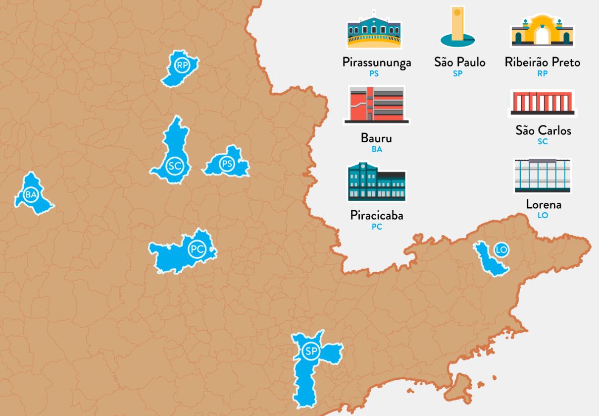 Mapa do estado de São Paulo mostra cidadades com campus da USP