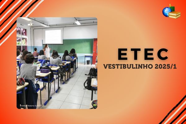 Fundo vermelho com branco, foto de estudantes da Etec, texto Etec Vestibulinho 2025