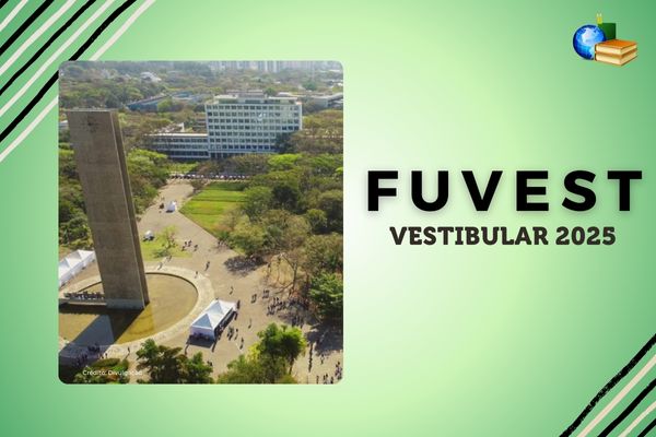 Fundo verde, foto aérea do campus da USP, texto Fuvest Vestibular 2025