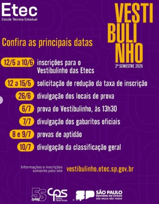 Datas do Vestibulinho 2025/2 da Etec, em São Paulo