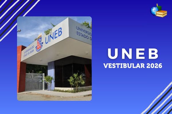 Vestibular 2026 da UNEB Fundo roxo e azul, foto do campus da UNEB, texto UNEB Vestibular 2026