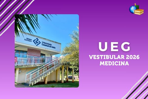 Vestibular 2026 de Medicina da UEG Fundo em tons de roxo, foto do campus da UEG em Itumbiara, texto UEG Vestibular 2026 Medicina