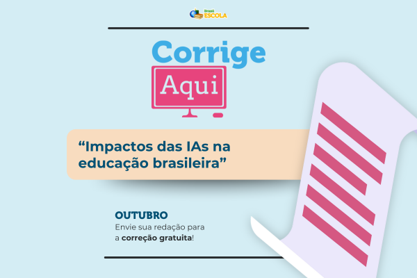 Tema de redação de maio do Corrige Aqui Arte mostra o tema do mês do Corrige Aqui sobre o impacto das IAs na educação brasileira.