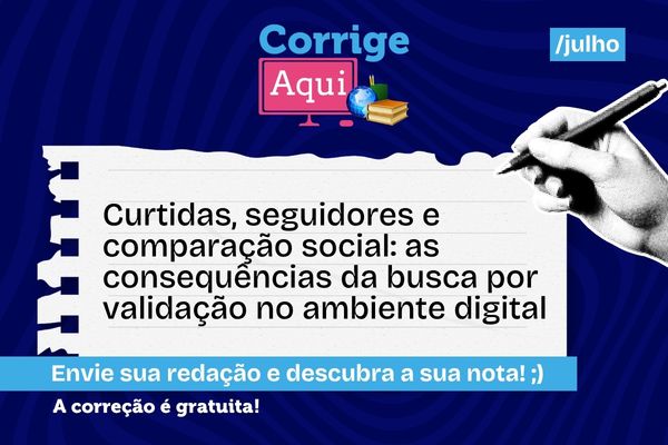Folha de papel mostra tema de redação de julho do Corrige Aqui sobre validação no ambiente digital